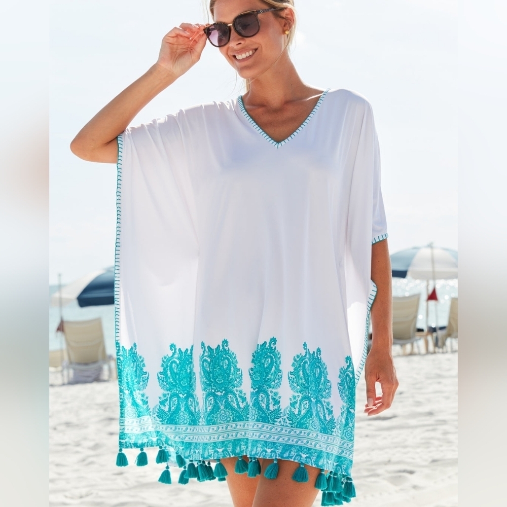 CABANA LIFE White/Teal Embroidered-tassel Cover Up UPF 50+ Size S/M,L/XL Nylon